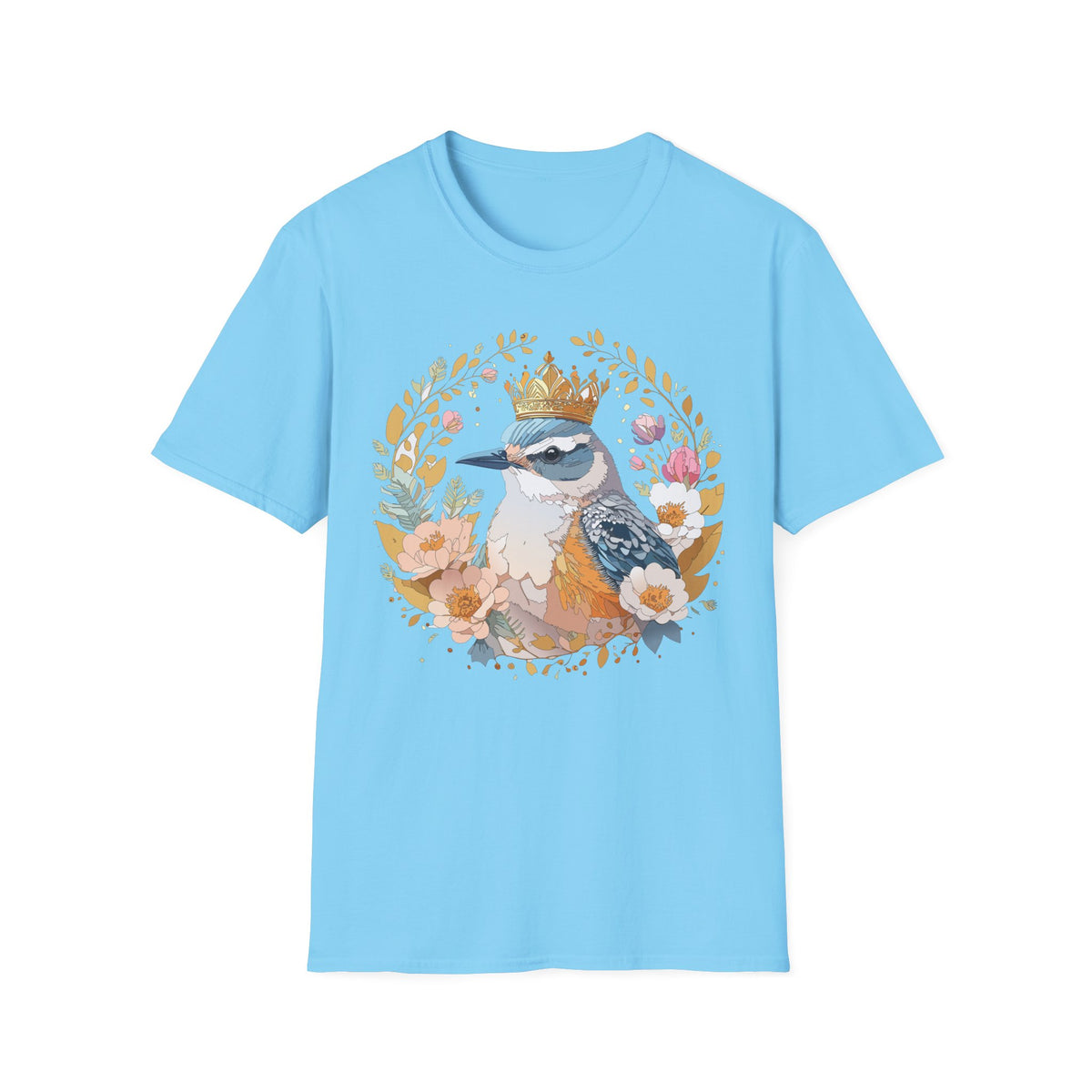 Crowned Bluebird Floral Illustration T-Shirt | Whimsical Bird Art