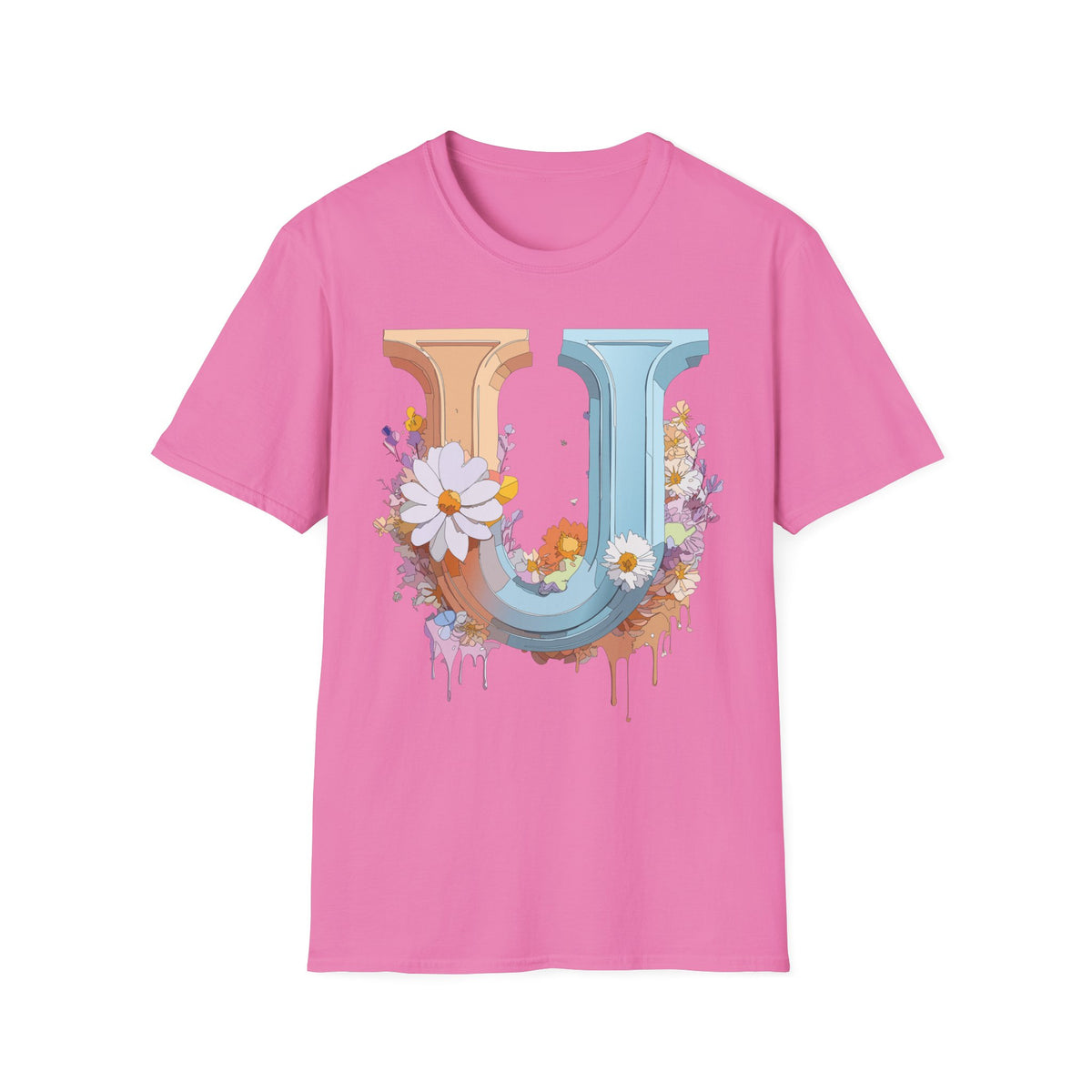 Floral Letter U T-Shirt | Vintage Block Initial with Daisies