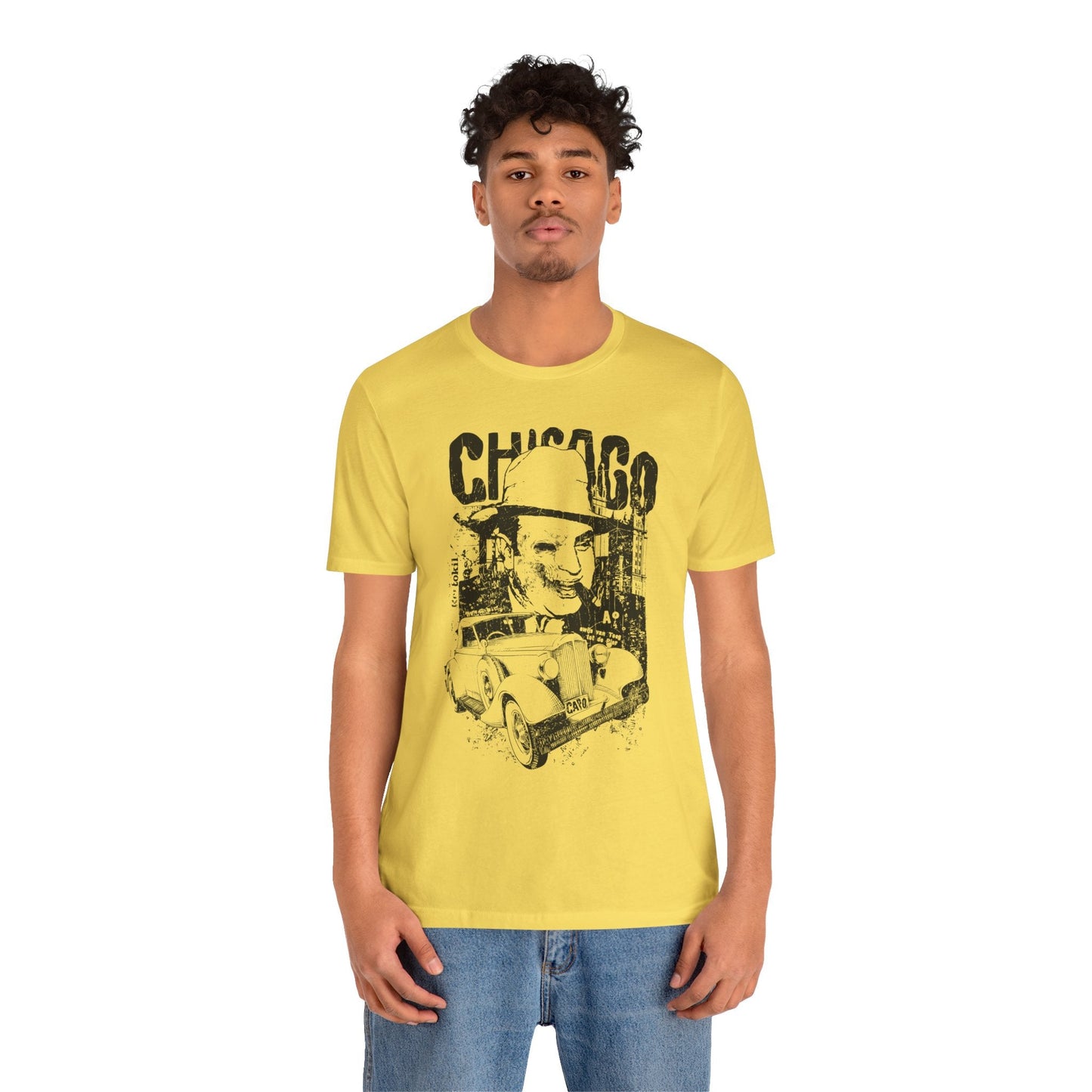 Chicago Retro Mobster Illustration Tee Vintage Car Cityscape Art Design T-Shirt A-8