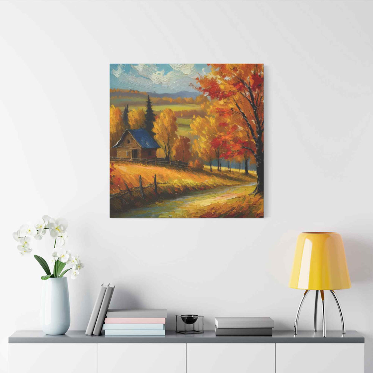 Countryside Fall Print Canvas, Oil Paint Print 20x20, 24x24, 30x30, 32x32, 36x36 Art Design Pine-Wood Inner Frame MC-107