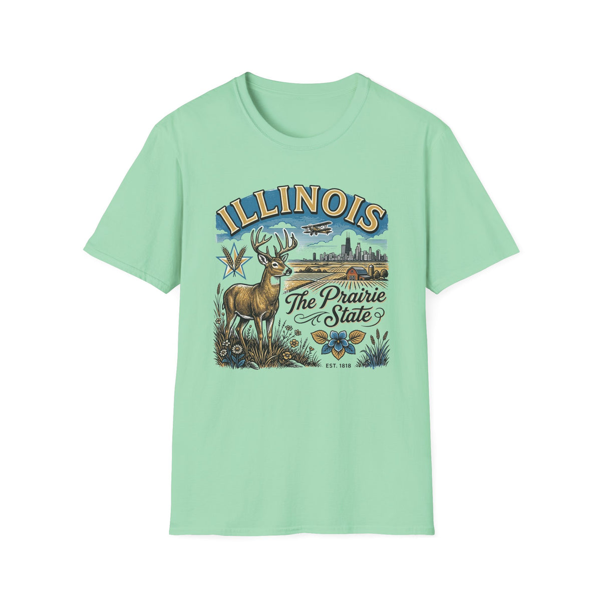 Illinois The Prairie State T-Shirt — Deer & Skyline Vintage Travel Tourist Graphic Tee Unisex 100 Cotton Gildan T-Shirt