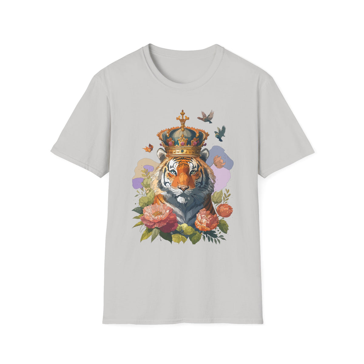 Crowned Tiger Illustration T-Shirt | Floral, Birds, Regal Wildlife Art - Unisex 100 Cotton Gildan 64000