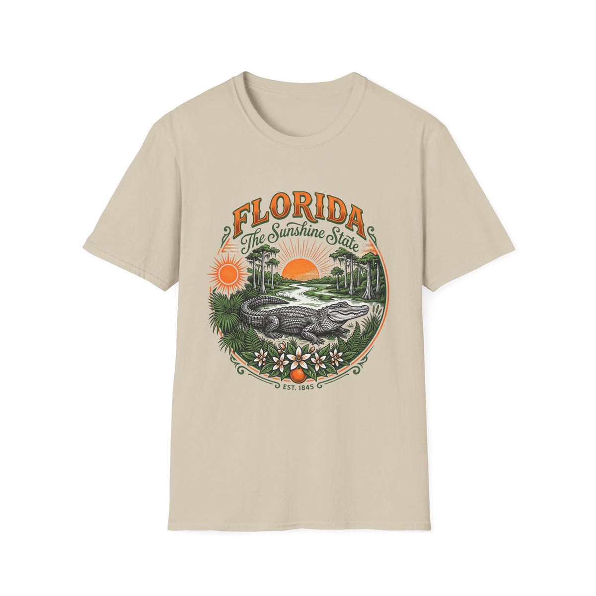 Florida The Sunshine State T-Shirt — Vintage Alligator Sunset Travel Tourist Graphic Design Unisex 100 Cotton Gildan T-Shirt