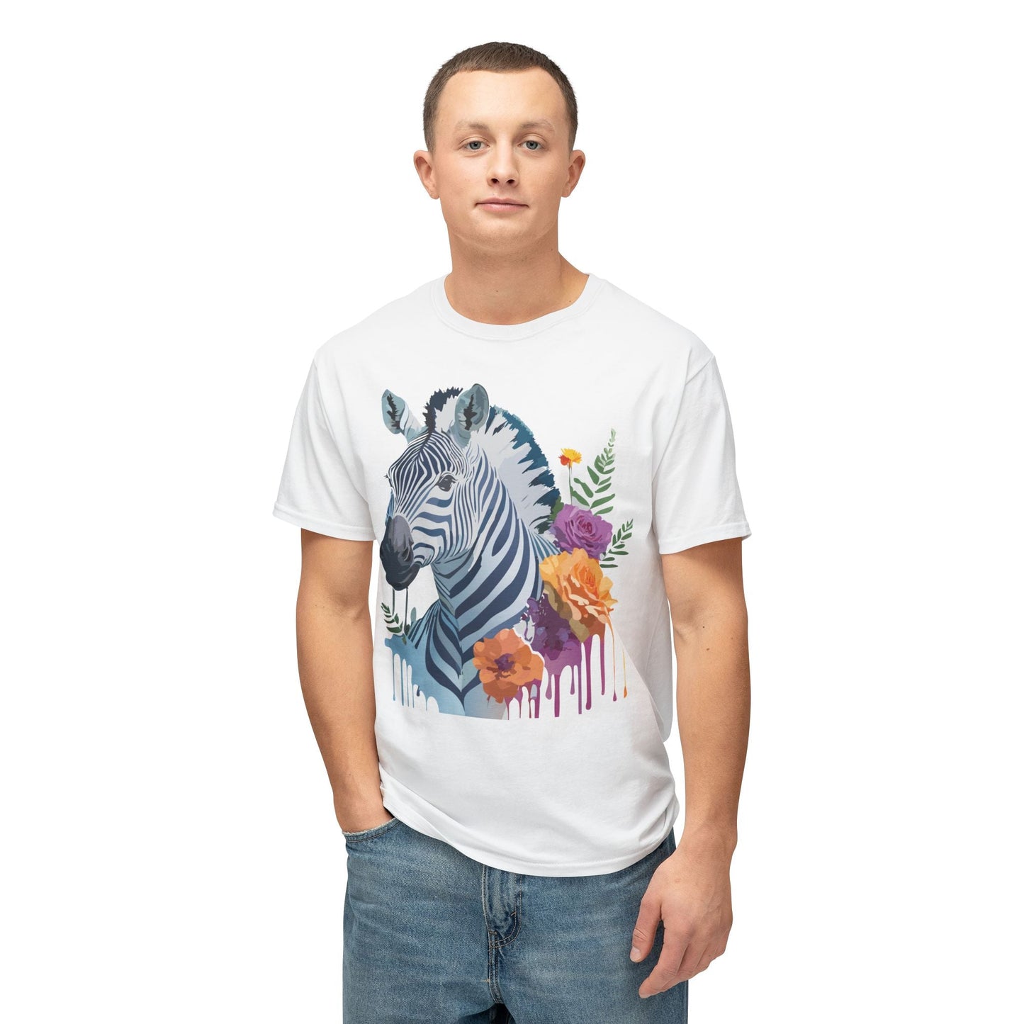 Unisex Zebra T Shirt With Floral Art Print Premium HD Cotton Jersey Tee Made In USA