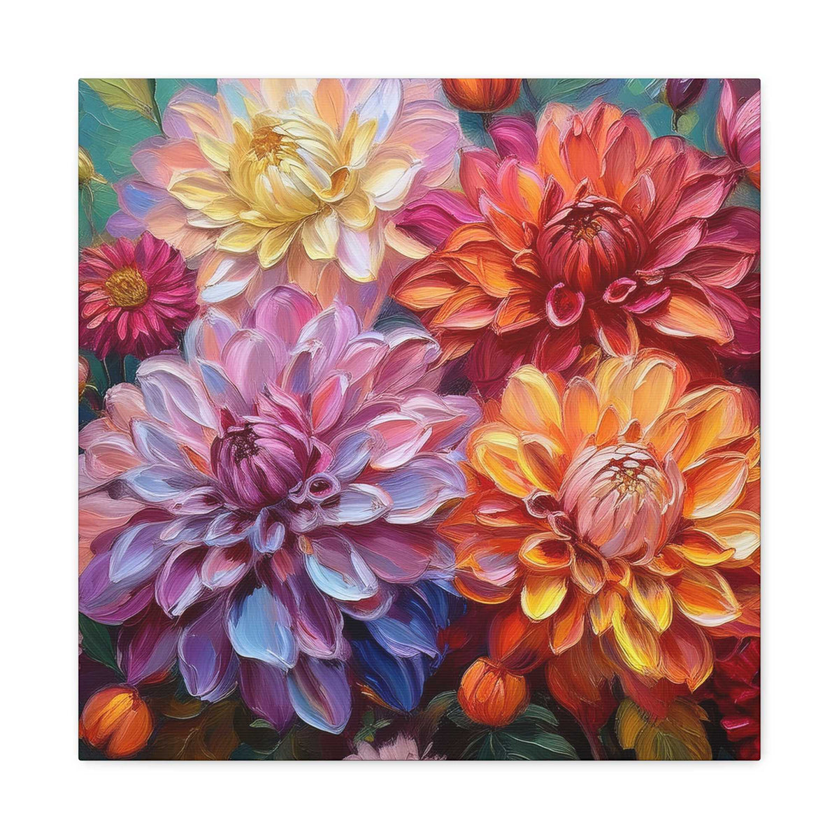 Dahlias Floral Print Canvas, Floral Oil Paint Print 20x20, 24x24, 30x30, 32x32, 36x36 Art Design Pine-Wood Inner Frame MC-167