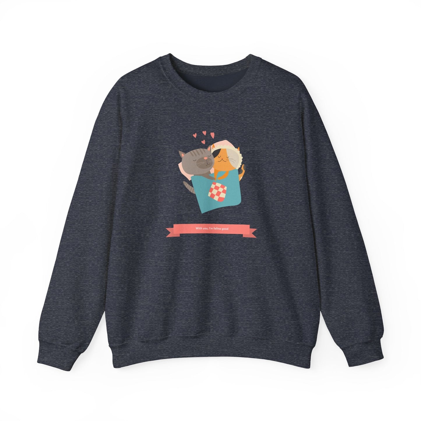 Cat Heart Sweatshirt Unisex Valentines Day 50 50 Cotton Poly Crewneck Gildan 18000