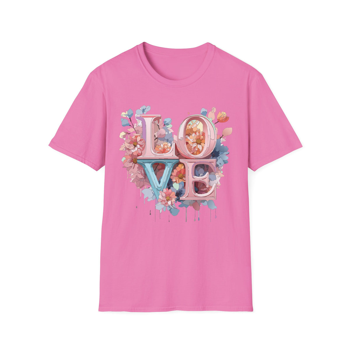Floral LOVE Lettering T-Shirt | Pink Blue Floral Typography Tee