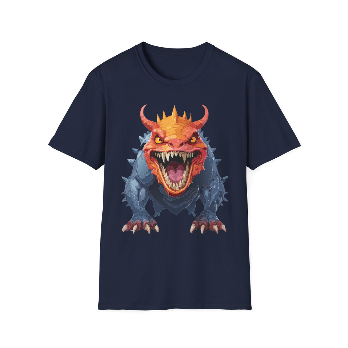 Dragon Monster T-Shirt — Fierce Orange & Blue Fantasy Creature Cartoon Graphic Tee Unisex 100 Cotton Gildan T-Shirt