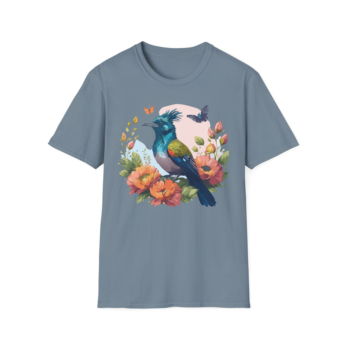 Colorful Crested Bird T-Shirt | Floral Bird Illustration, Spring Nature Tee
