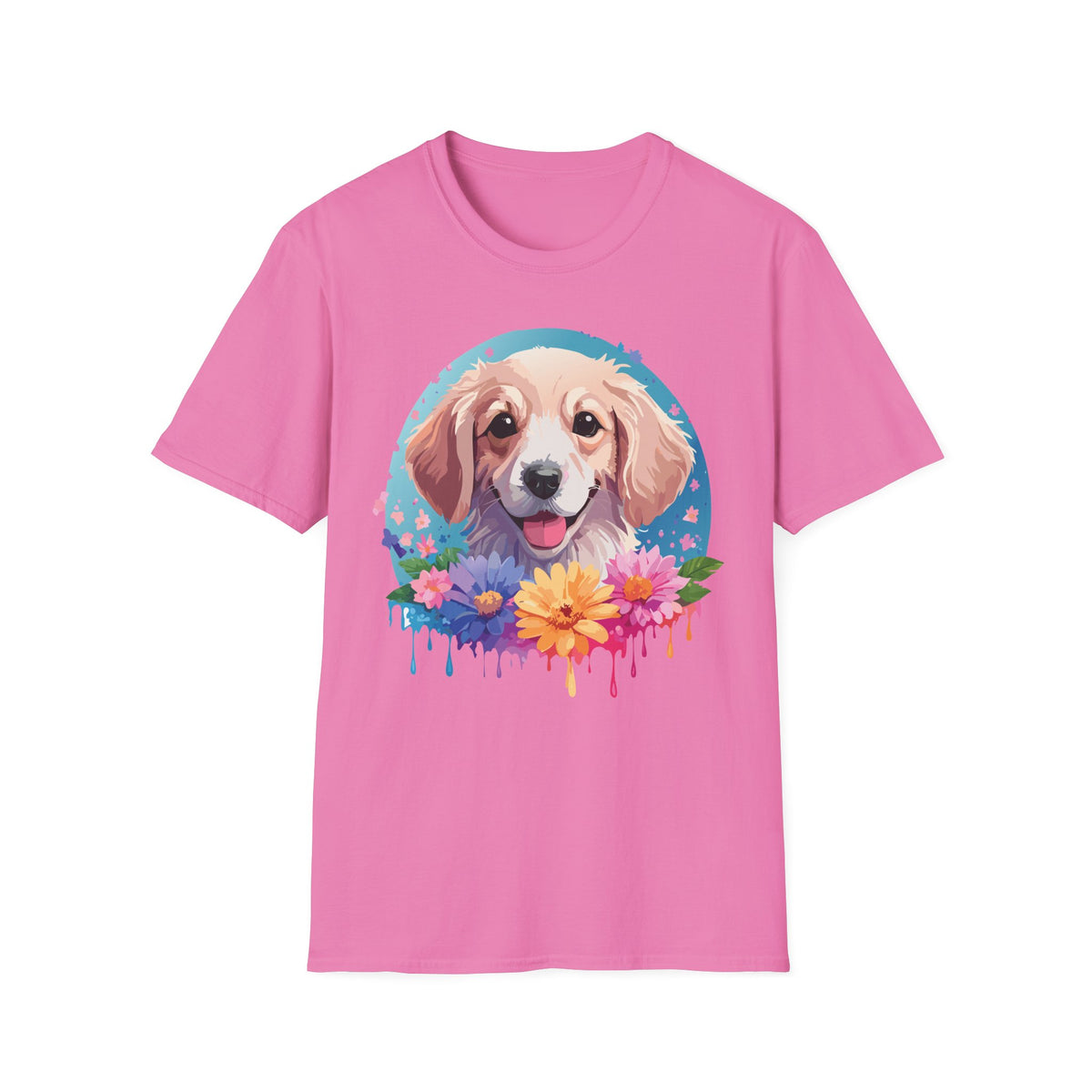 Happy Golden Retriever Portrait T-Shirt | Colorful Floral Dog Illustration