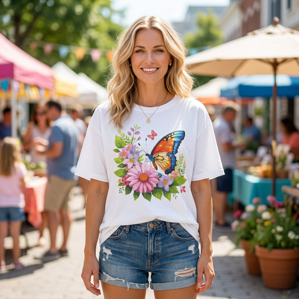 Butterfly Floral T-Shirt — Colorful Monarch & Spring Flowers Graphic Tee Unisex 100 Cotton Gildan T-Shirt