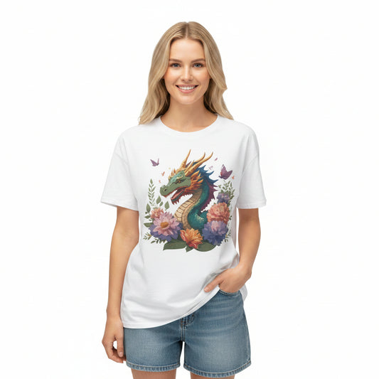 Dragon Art Tee Unisex Vintage Floral Tee Full Color Print HD Cotton