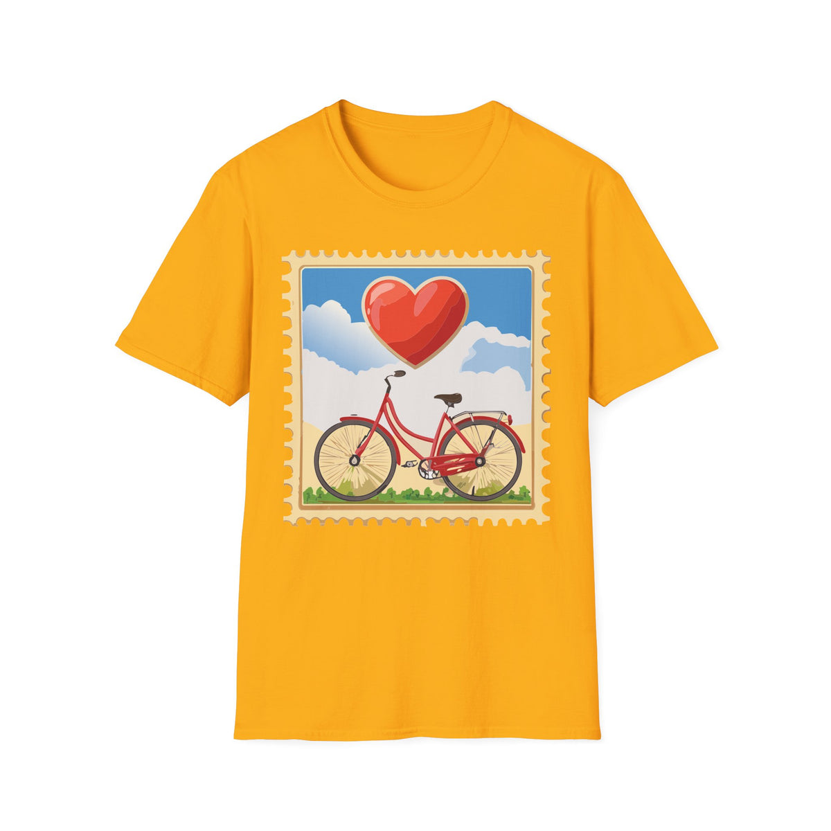 Heart Balloon Bicycle T-Shirt | Retro Stamp Illustration
