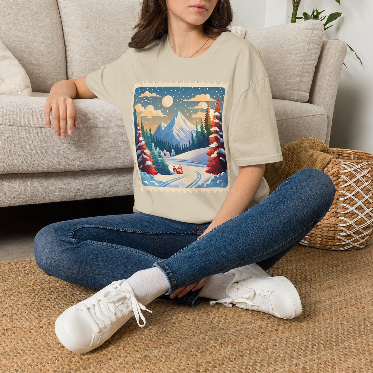 Vintage Winter Mountain Scene T-Shirt | Snowy Peaks Forest Illustration