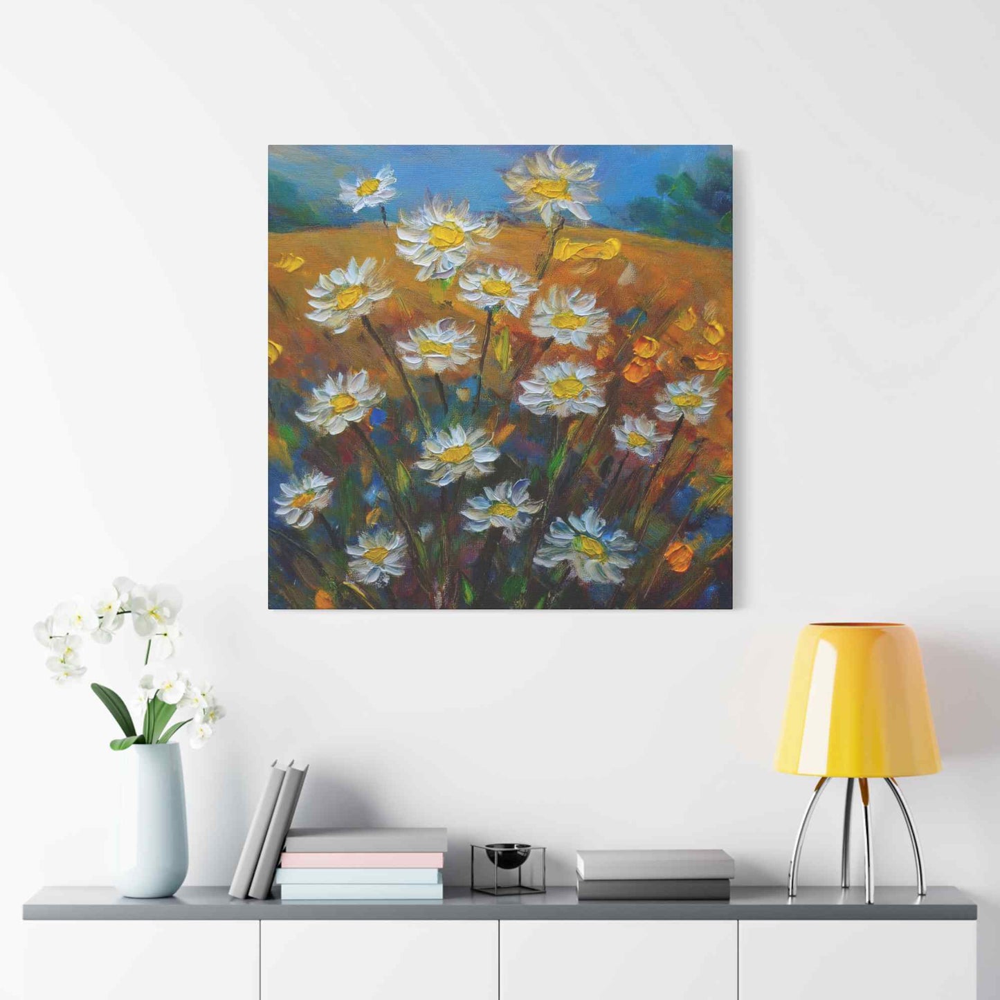 White Daisies Print Canvas, Floral Oil Paint Print 20x20, 24x24, 30x30, 32x32, 36x36 Art Design Pine-Wood Inner Frame MC-126