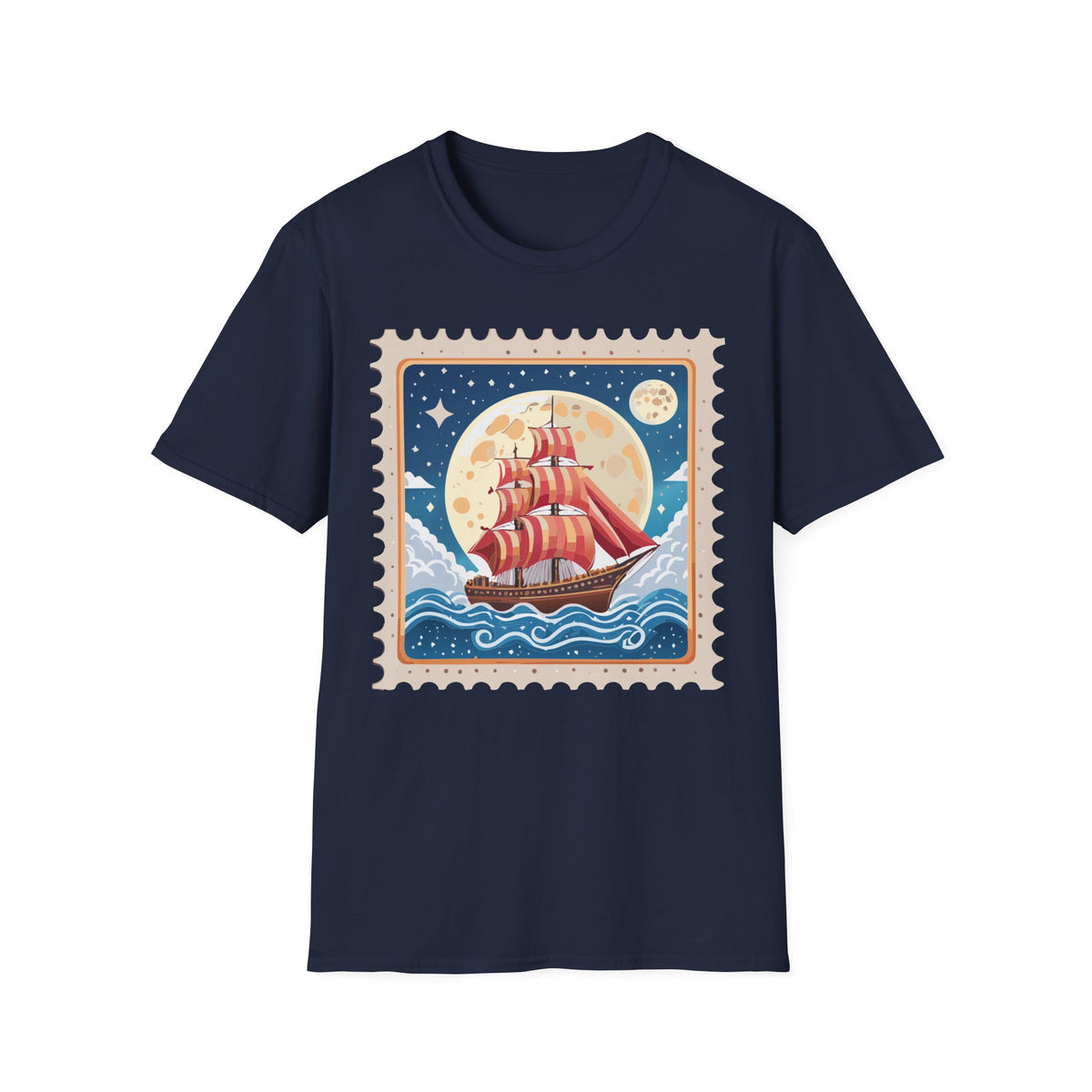 Red Sail Ship Moon Stamp T-Shirt | Nautical Vintage Illustration