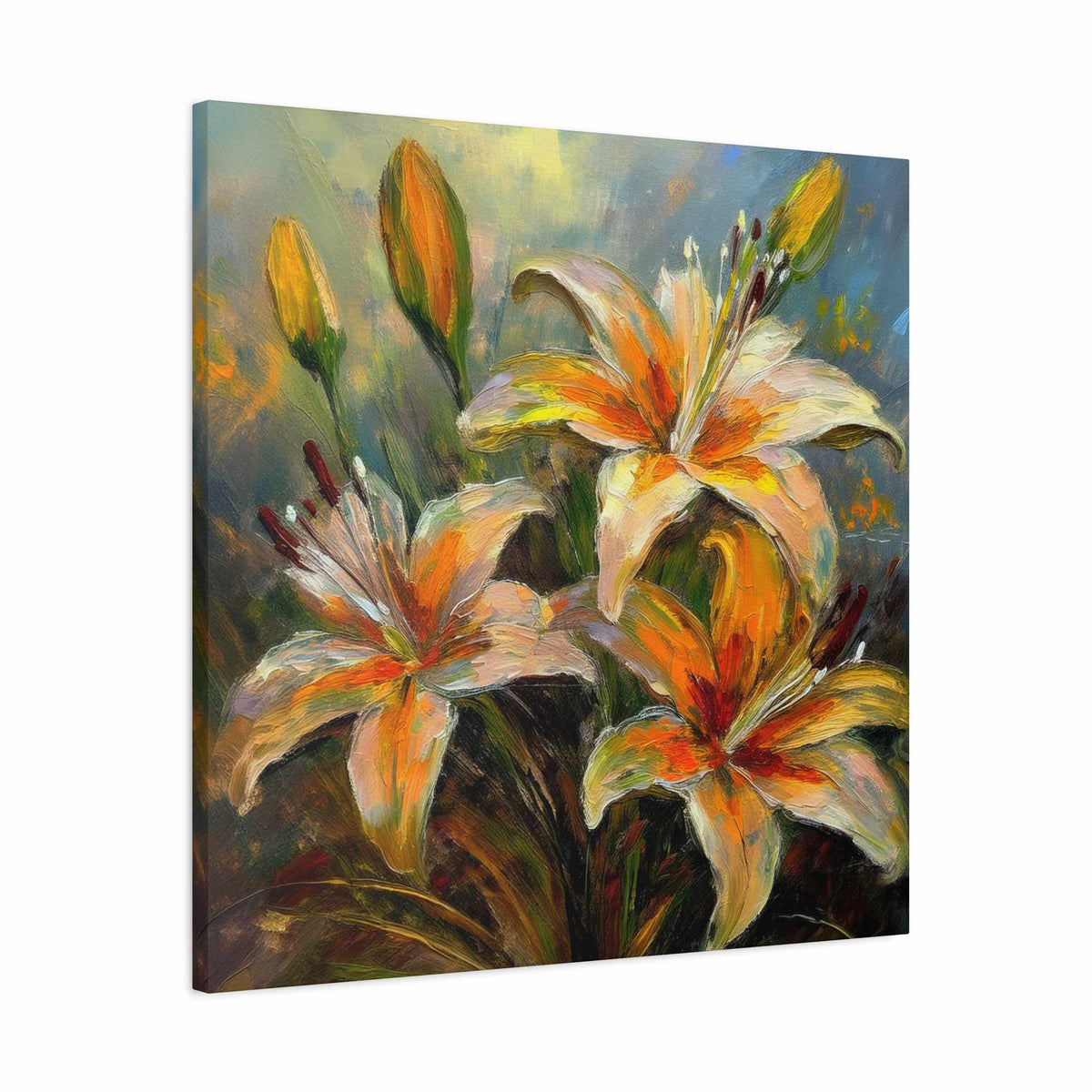 Gold Lilies Print Canvas, Floral Oil Paint Print 20x20, 24x24, 30x30, 32x32, 36x36 Art Design Pine-Wood Inner Frame MC-152