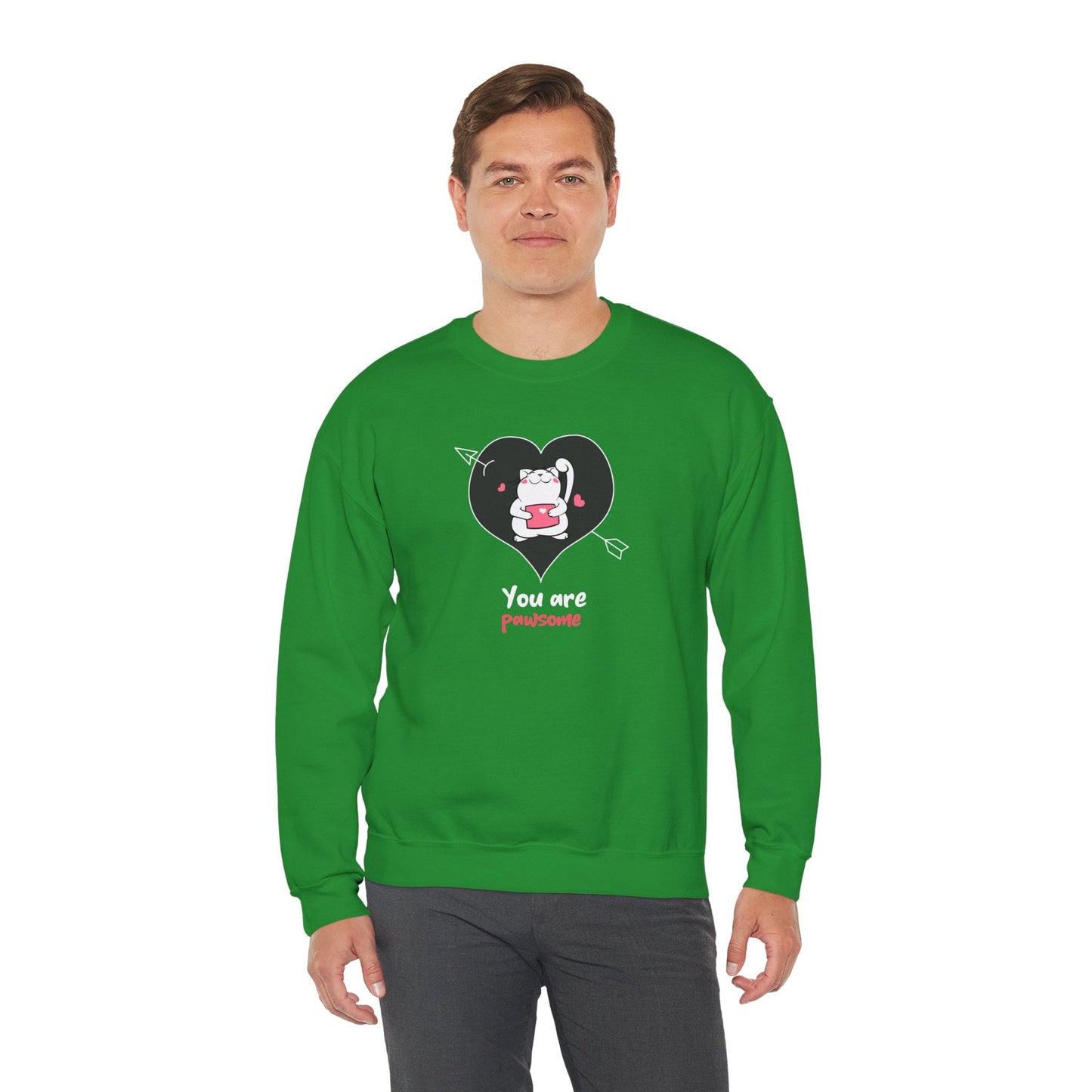 Cat Heart Sweatshirt Unisex Valentines Day Fifty Fifty Cotton Poly Crewneck Gildan 18000