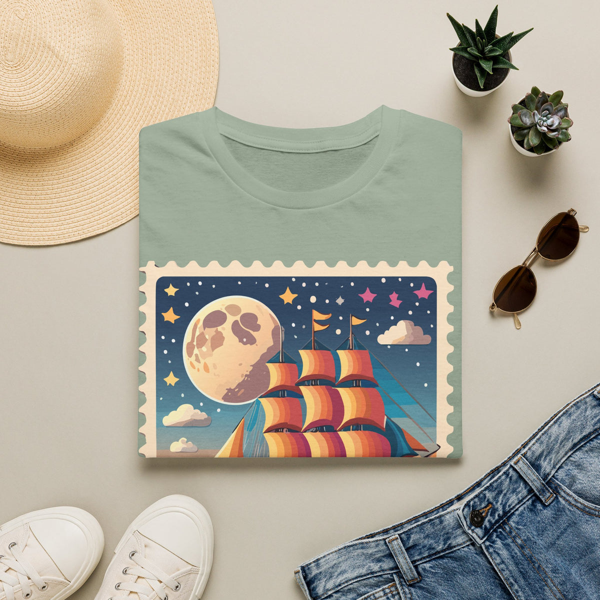 Vintage Sailboat Moon Illustration T-Shirt | Nautical Night Sky