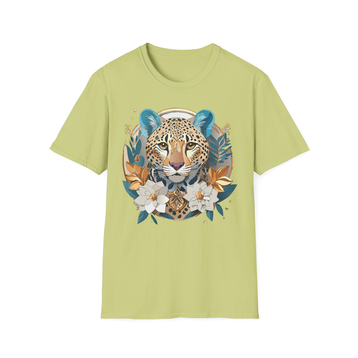 Boho Cheetah Face T-Shirt | Floral Leaves Illustration