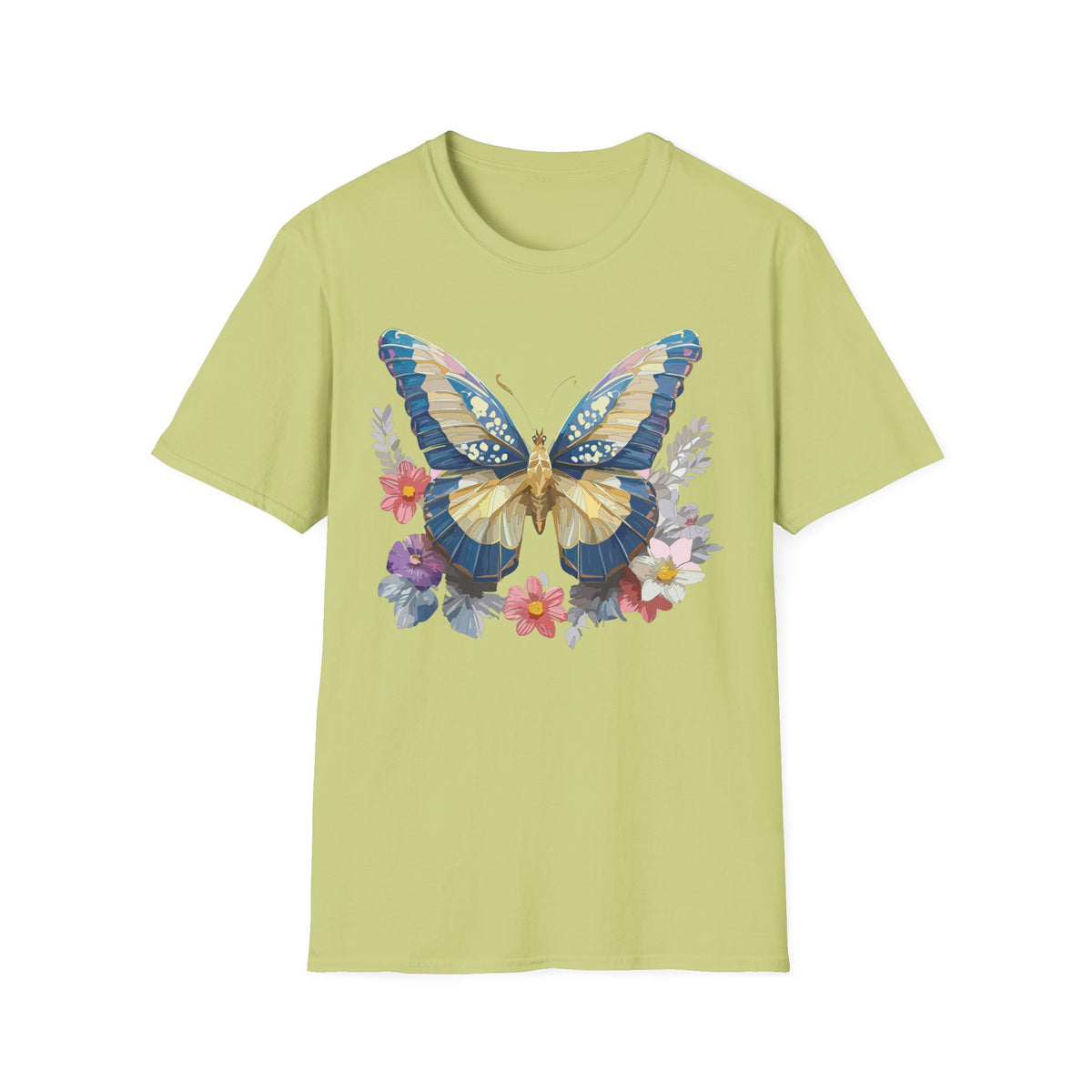 Blue Yellow Butterfly T-Shirt | Floral Wings Nature Graphic Tee Unisex 100 Cotton Gildan T-Shirt