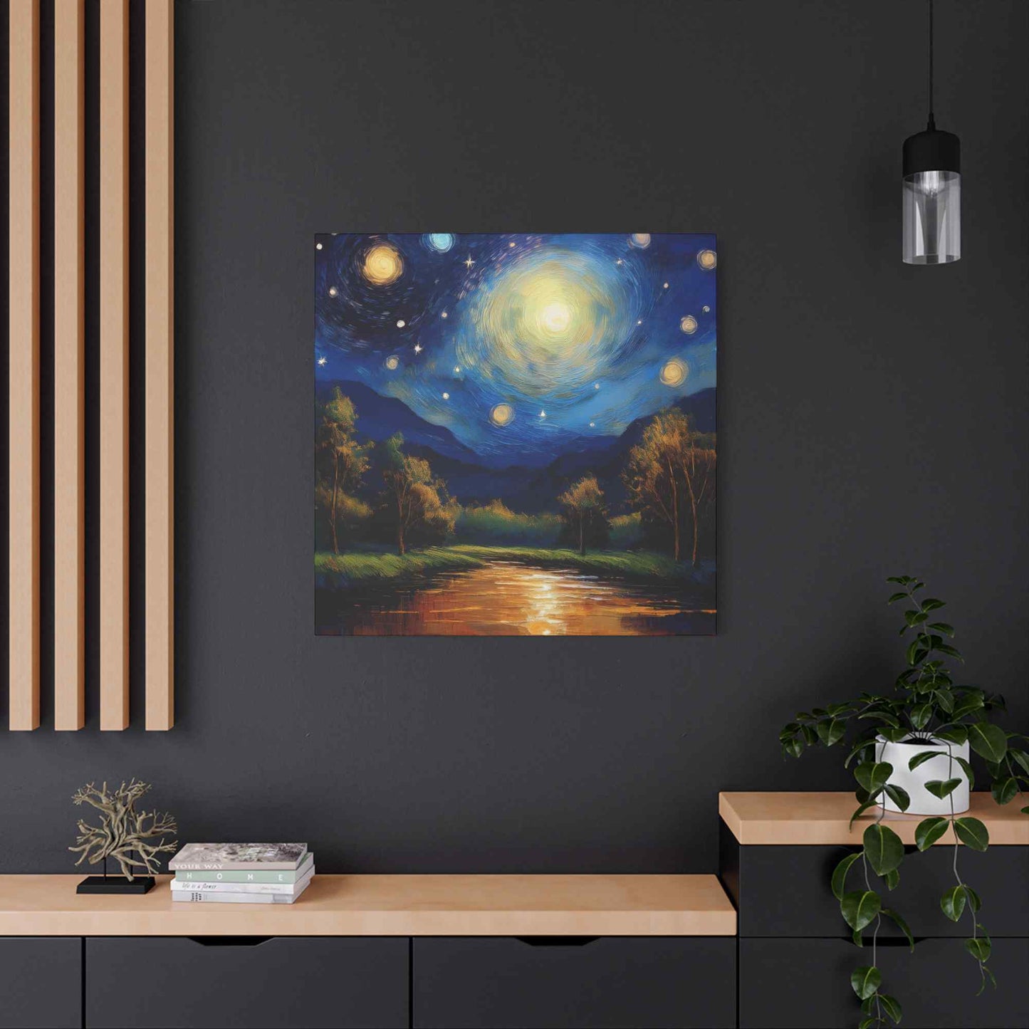Starry Night Print Canvas, Oil Paint Print 20x20, 24x24, 30x30, 32x32, 36x36 Art Design Print Pine-Wood Inner Frame MC-38