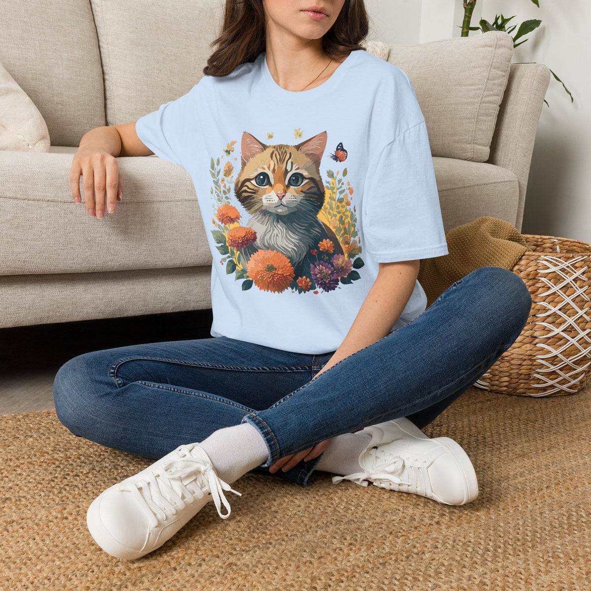 Cute Tabby Kitten Floral Illustration T-Shirt | Cat, Butterfly, Wildflowers Graphic Tee Unisex 100 Cotton Gildan T-Shirt
