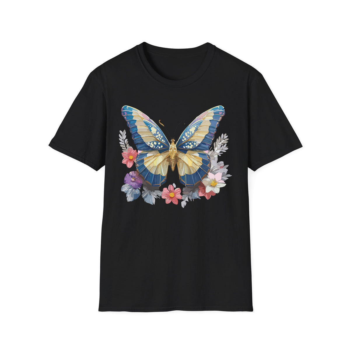 Blue Yellow Butterfly T-Shirt | Floral Wings Nature Graphic Tee Unisex 100 Cotton Gildan T-Shirt