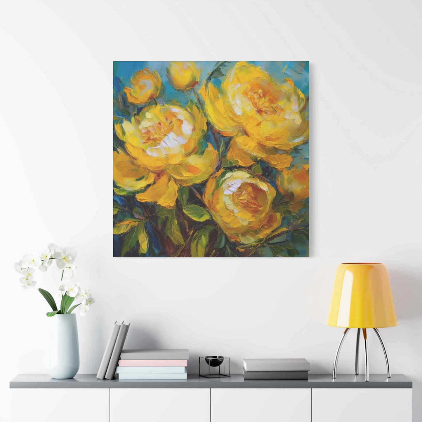 Yellow Peonies Print Canvas, Floral Oil Paint Print 20x20, 24x24, 30x30, 32x32, 36x36 Art Design Pine-Wood Inner Frame MC-120