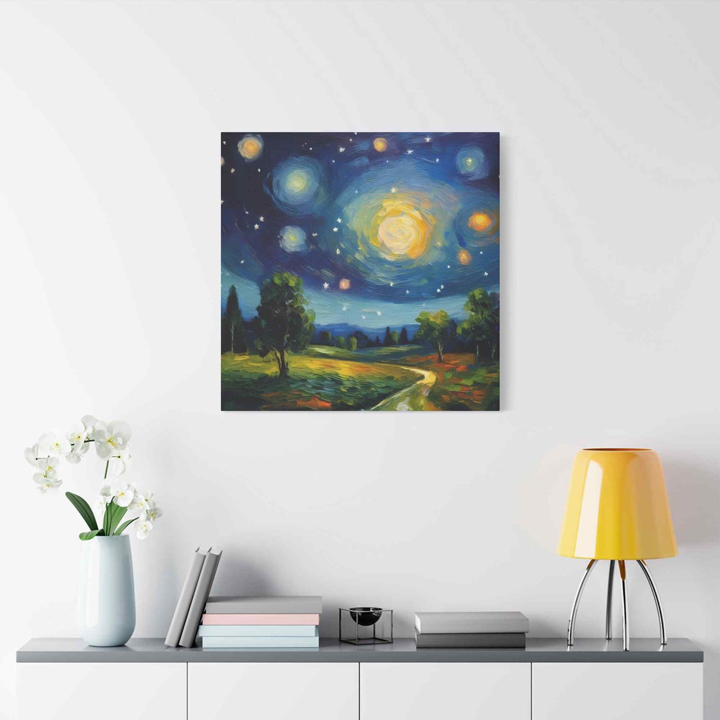Starry Night Print Canvas, Oil Paint Print 20x20, 24x24, 30x30, 32x32, 36x36 Art Design Print Pine-Wood Inner Frame MC-40