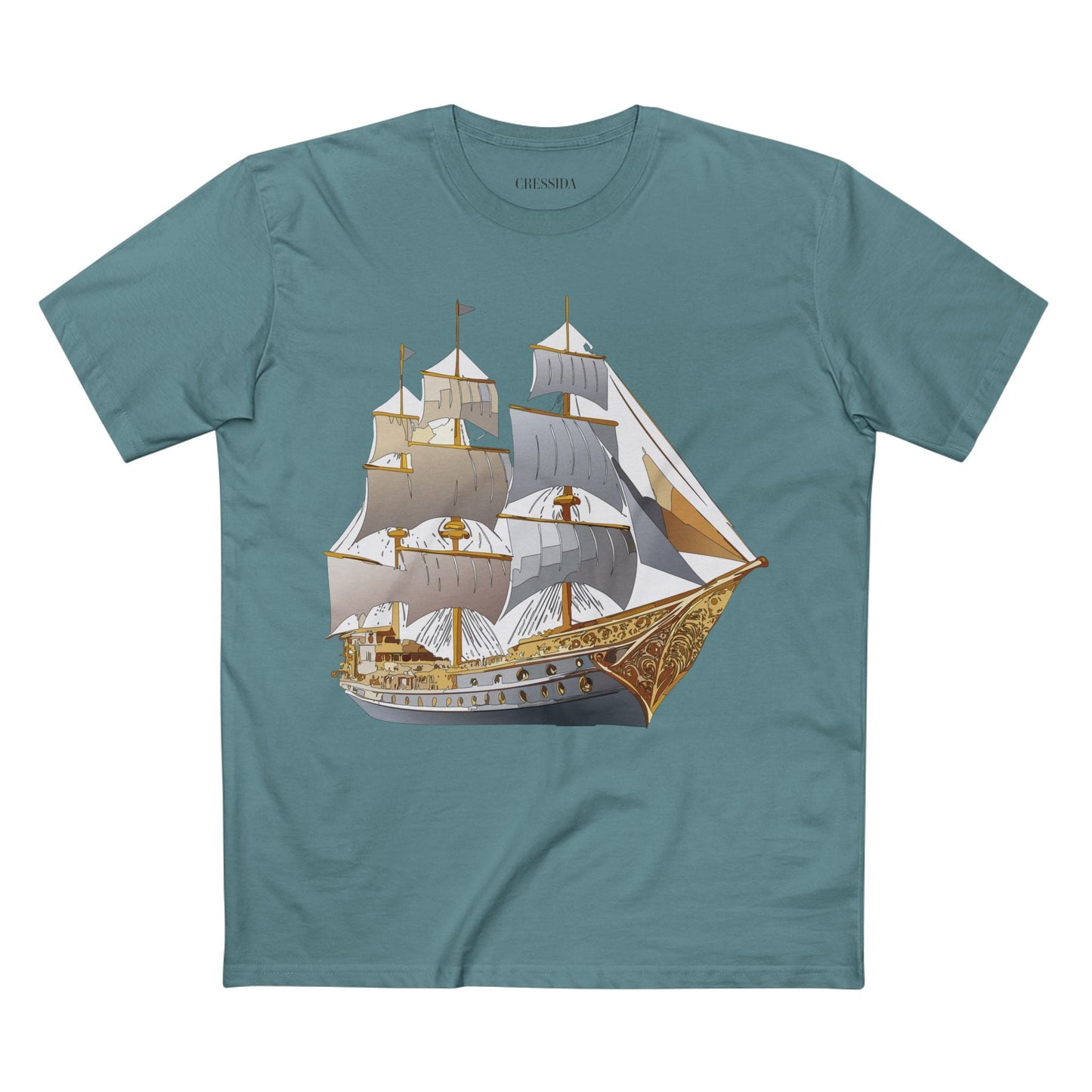 Ship Graphic Unisex 100 Cotton T-Shirt with Gold Frigate Art Design 17