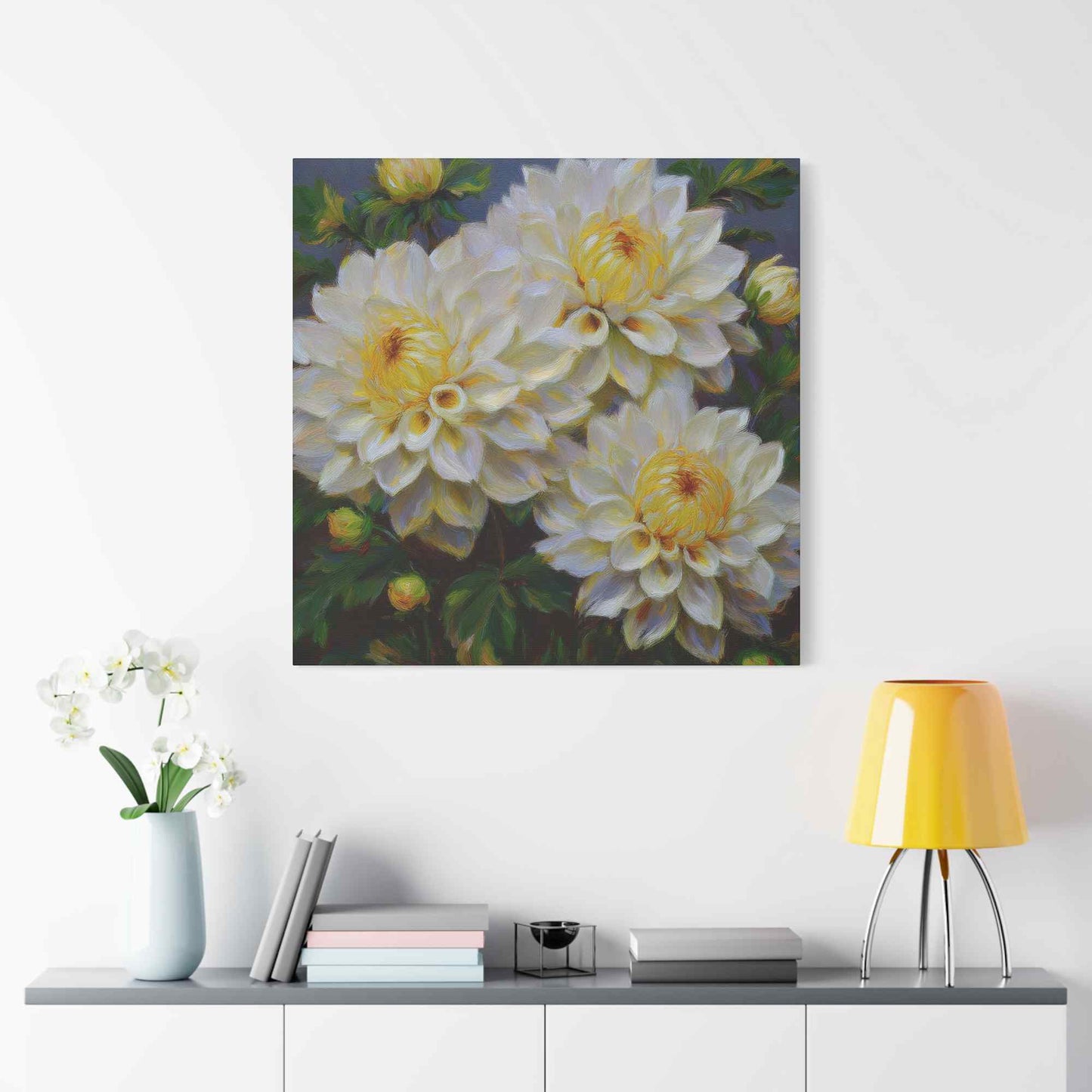 White Dahlias Print Canvas, Floral Oil Paint Print 20x20, 24x24, 30x30, 32x32, 36x36 Art Design Pine-Wood Inner Frame MC-168