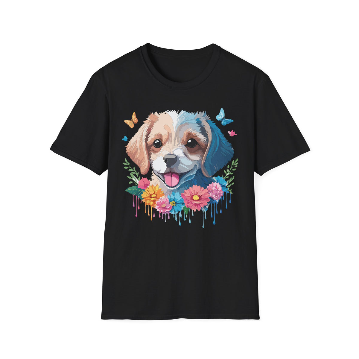 Happy Puppy Face T-Shirt | Cute Dog Portrait, Flowers & Butterflies
