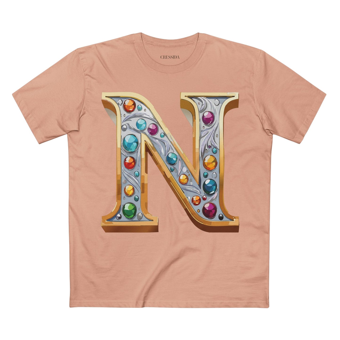 Letter N Graphic Design Tee Unisex 100 Cotton With Antique Gold Letters Artwork T-Shirt
