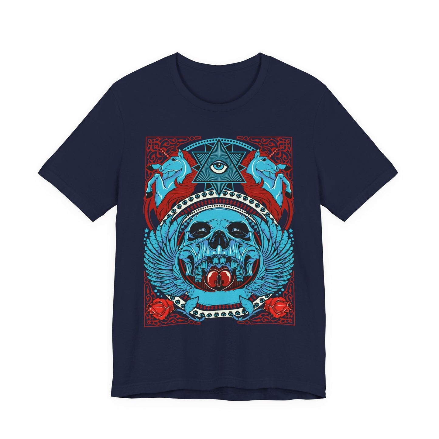 All-Seeing Skull Illustration Tee Winged Skull Third Eye Roses T-Shirt
