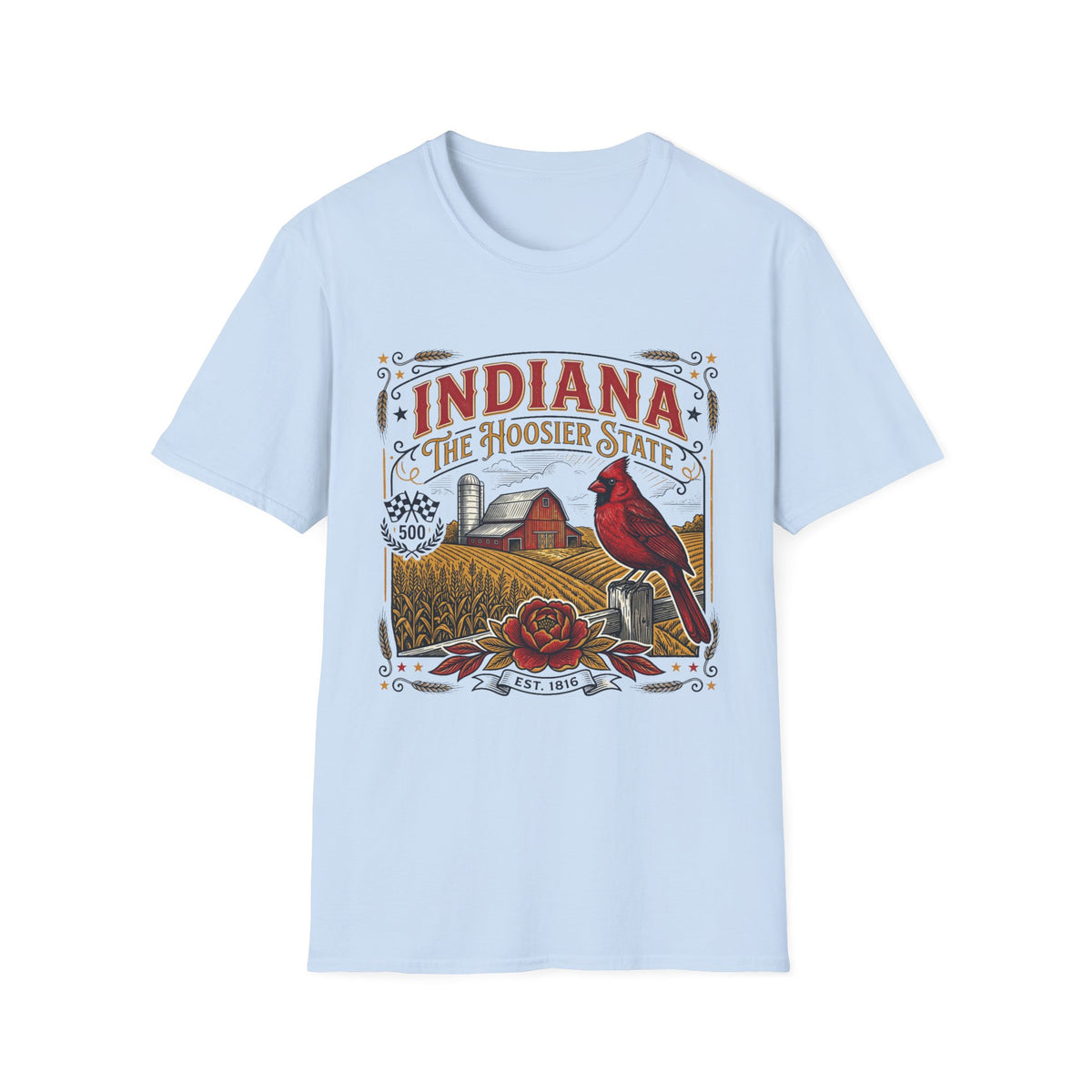 Indiana The Hoosier State T-Shirt — Farm Vintage Travel Tourist Graphic Design Unisex 100 Cotton Gildan T-Shirt