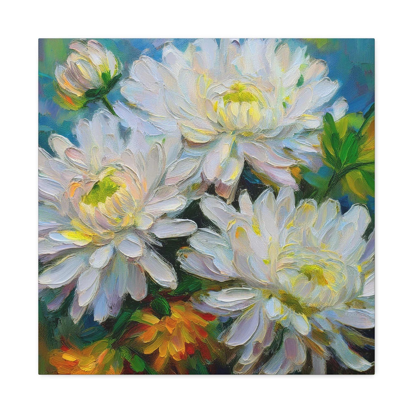 Chrysanthemums Print Canvas, Floral Oil Paint Print 20x20, 24x24, 30x30, 32x32, 36x36 Art Design Pine-Wood Inner Frame MC-161