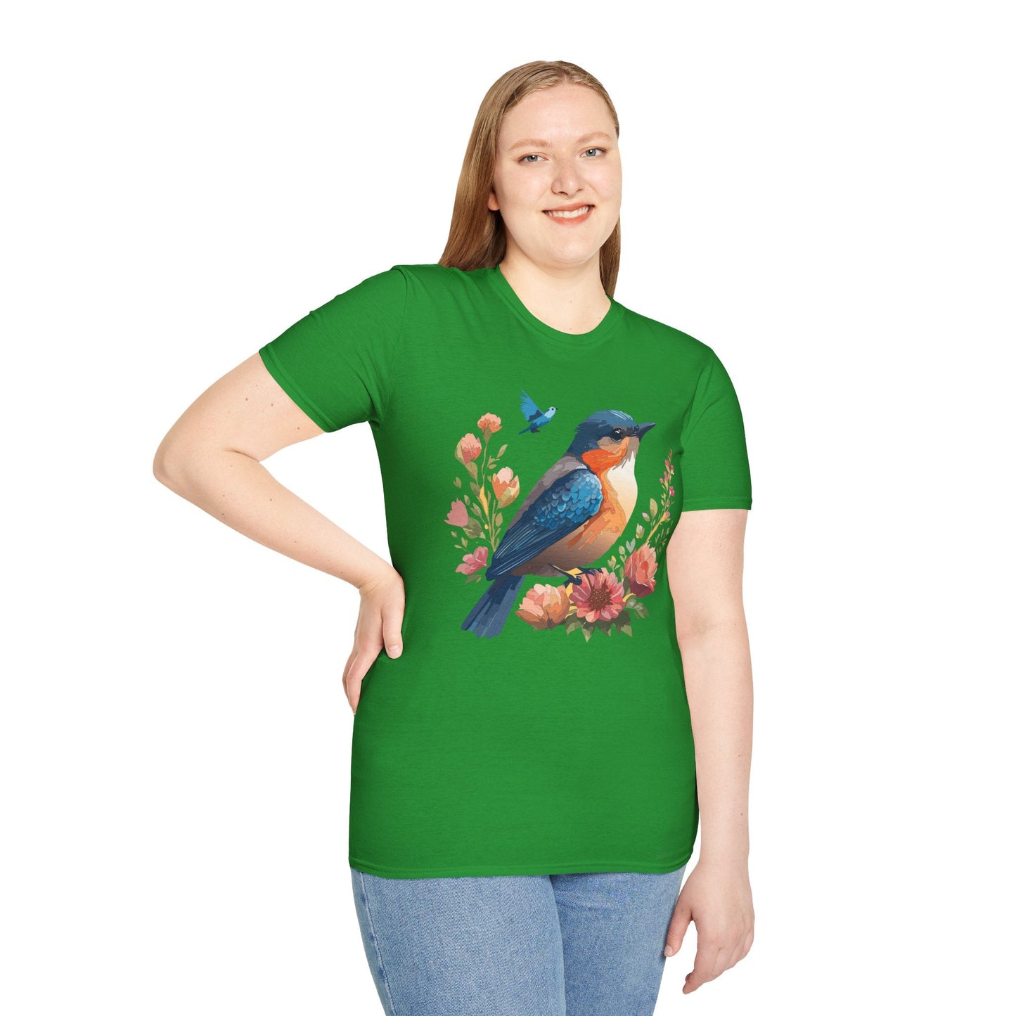 Unisex Floral Bird T Shirt Softstyle 64000 Gildan Ring Spun Cotton Tee Relaxed Fit