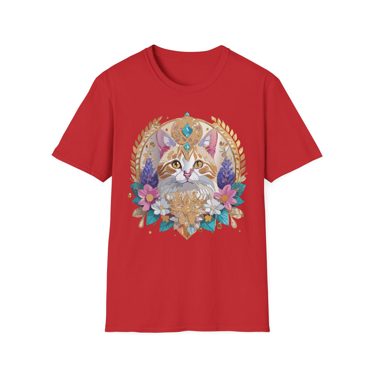 Regal Cat Mandala T-Shirt | Boho Kitty Illustration, Floral Crescent