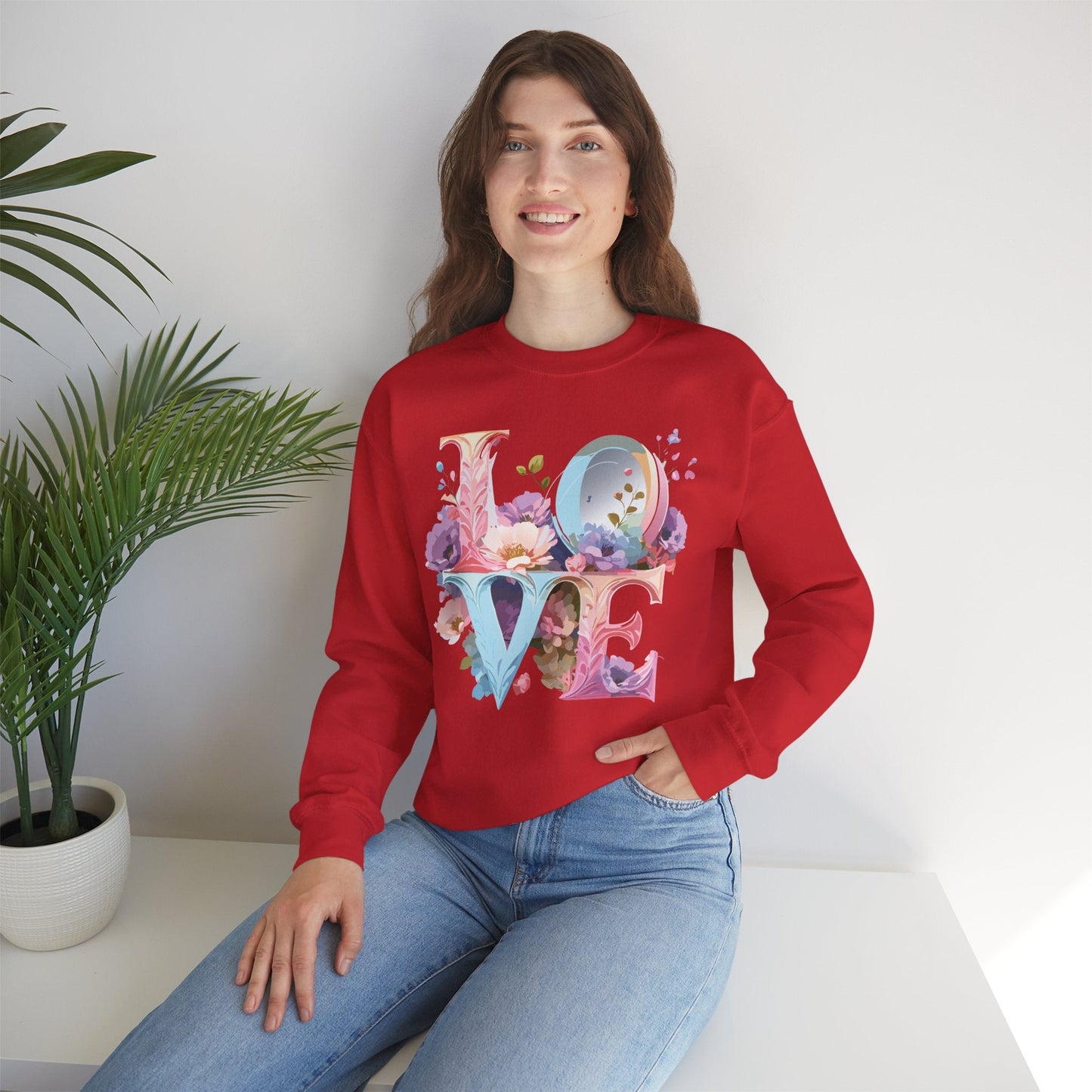 Floral Love Sweatshirt Unisex Crewneck Fifty Fifty Cotton Polyester Valentine Gift