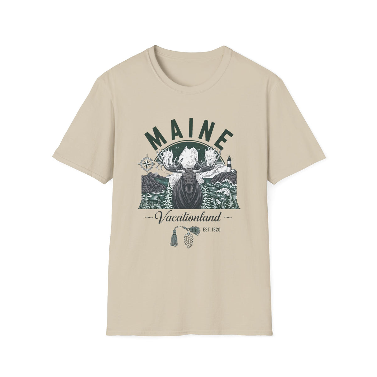 Maine Vacationland Moose T-Shirt — Rustic Coastal State Pride Tee Travel Tourist Graphic Design Unisex 100 Cotton Gildan T-Shirt