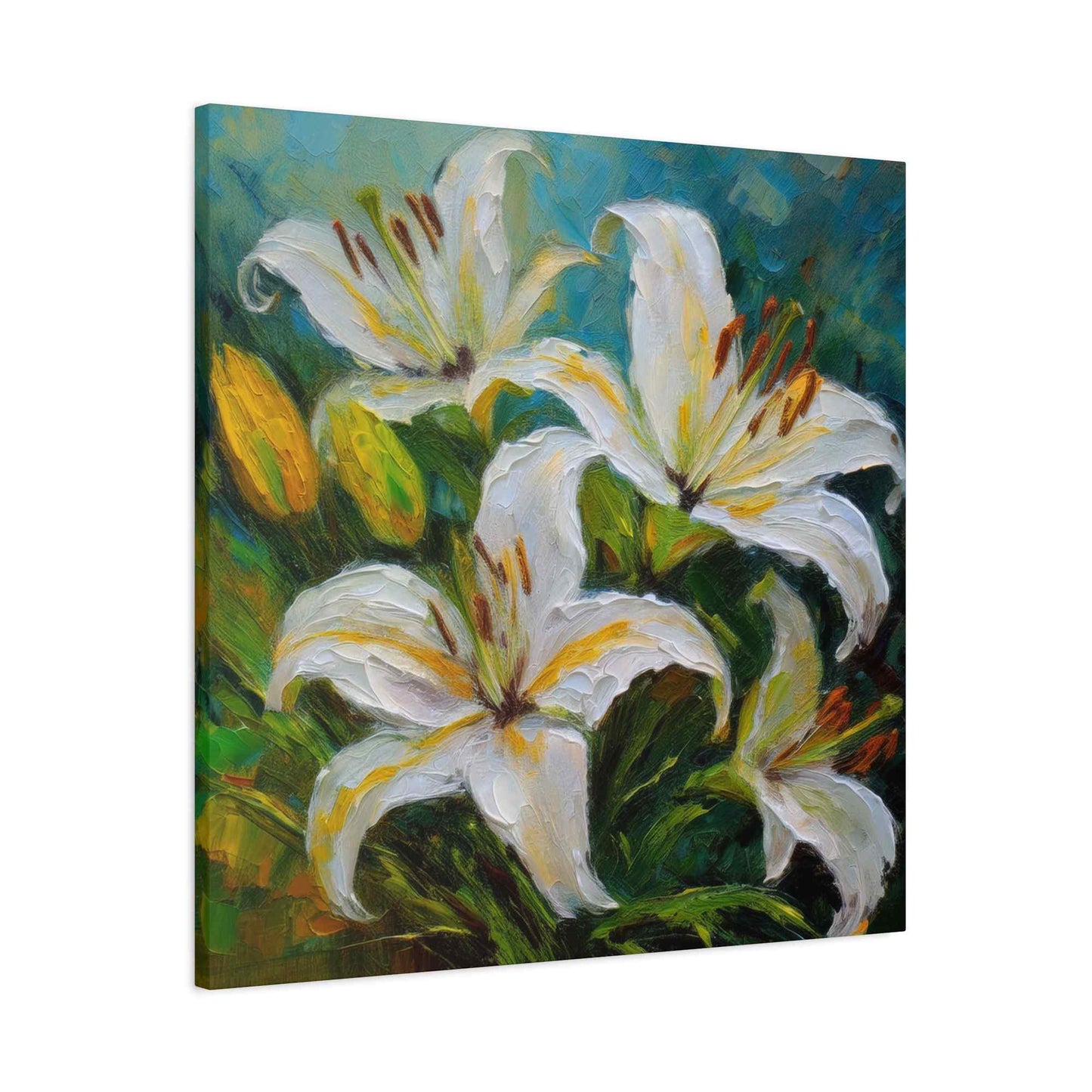White Lilies Print Canvas, Floral Oil Paint Print 20x20, 24x24, 30x30, 32x32, 36x36 Art Design Pine-Wood Inner Frame MC-153