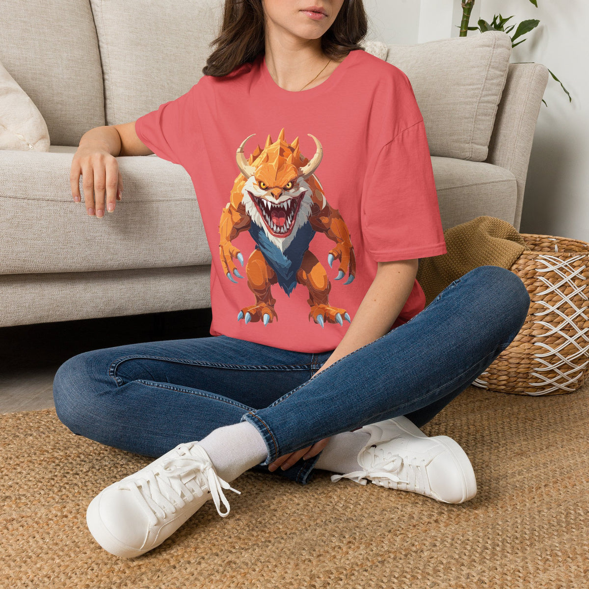Monster Graphic T-Shirt — Fierce Orange Demon Creature Cartoon Graphic Tee Unisex 100 Cotton Gildan T-Shirt