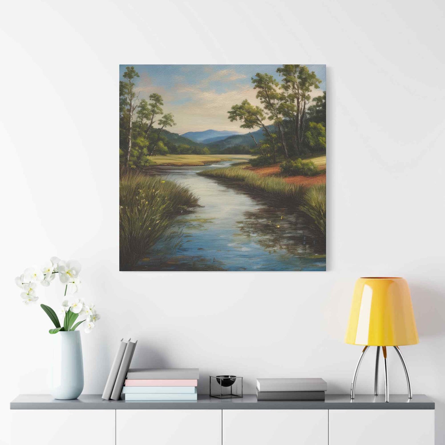 River Print Canvas, Landscape Oil Paint Print 20x20, 24x24, 30x30, 32x32, 36x36 Art Design Print Pine-Wood Inner Frame MC-50