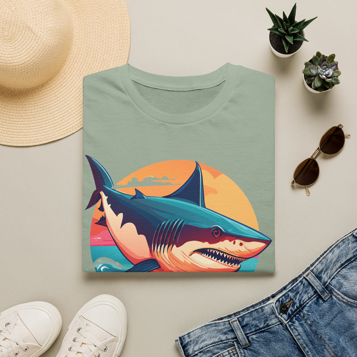 Retro Shark Sunset T-Shirt | Ocean Waves | Coastal Beach Tee