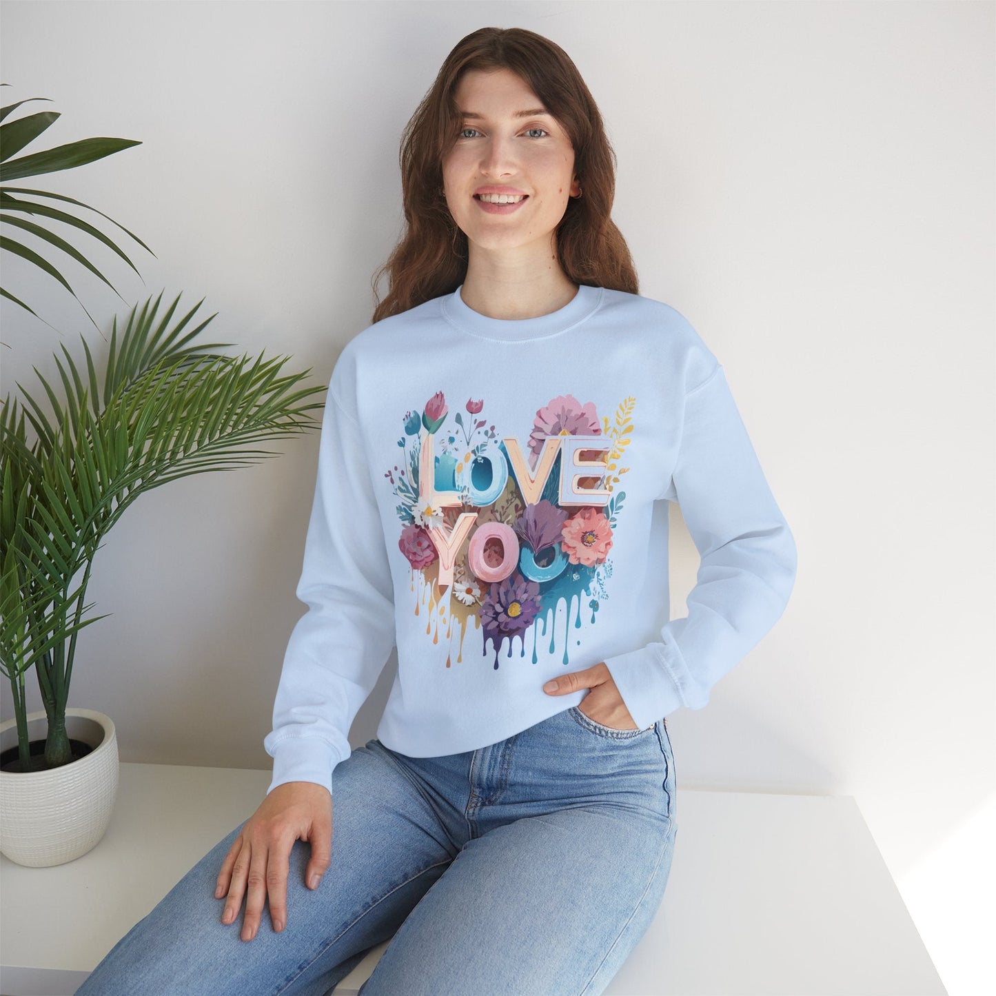Floral Love Sweatshirt Unisex Heavy Blend Crewneck Valentine Day Flower Print Cozy Fleece Warm Gift