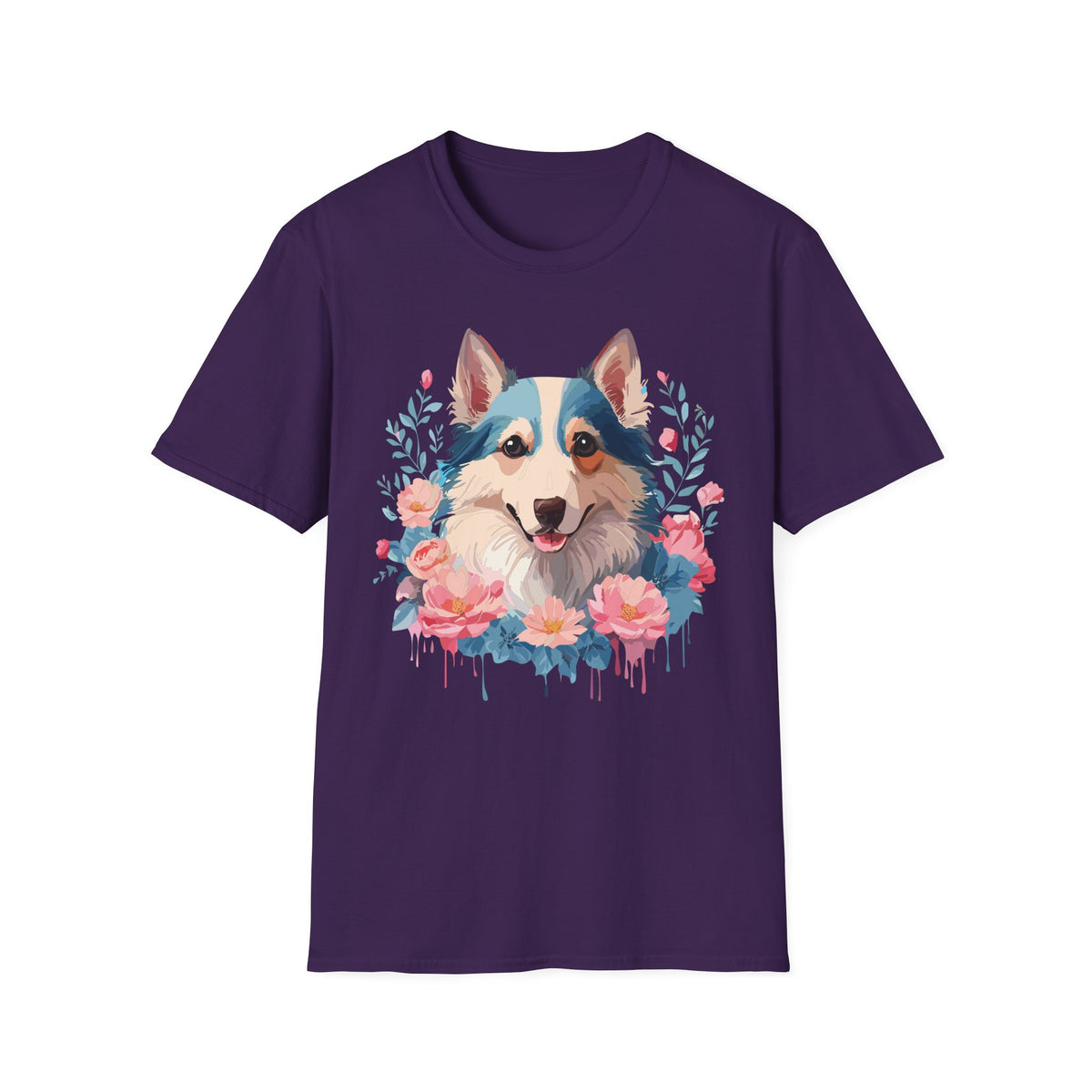 Floral Corgi Portrait T-Shirt | Dog Face Tee with Flowers