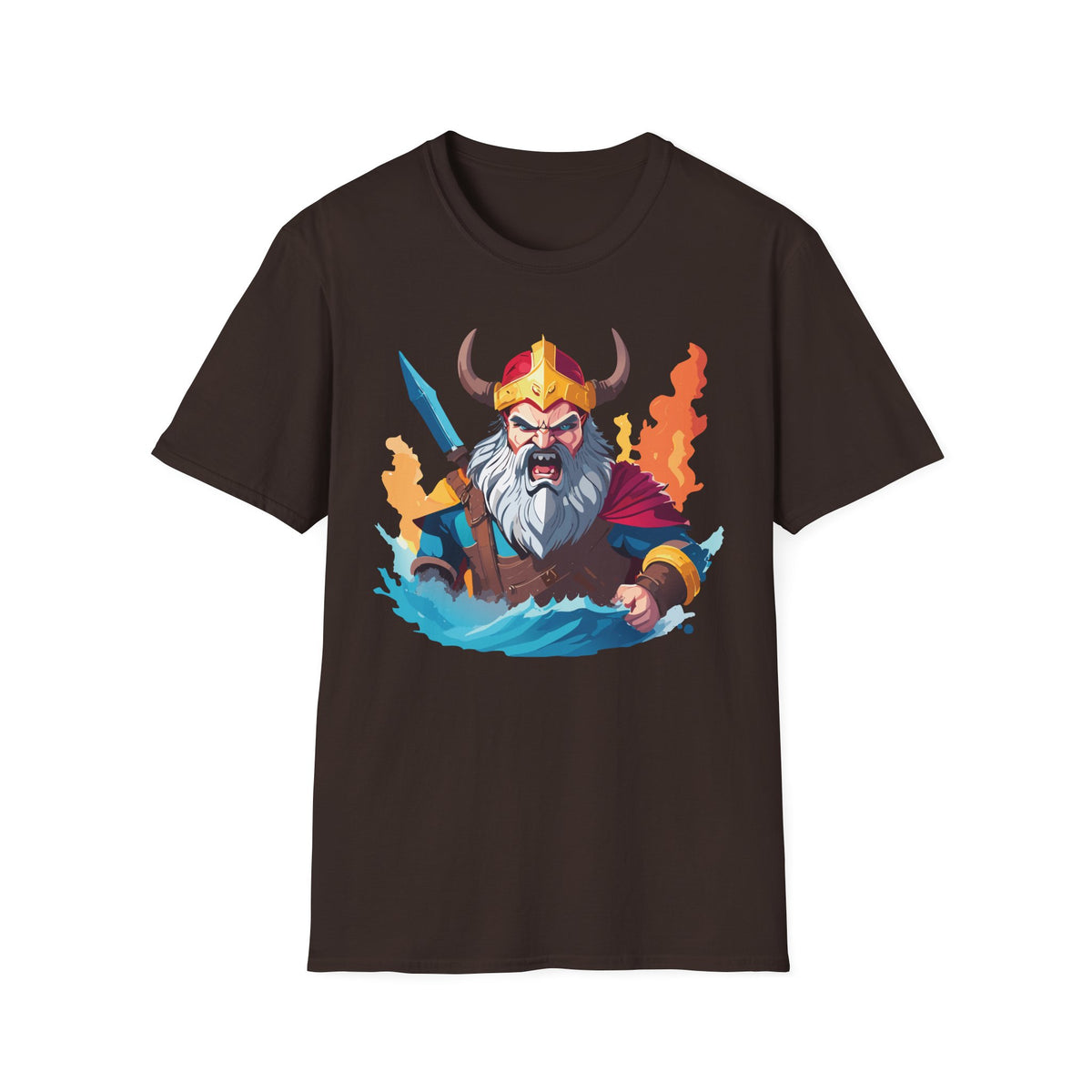 Viking Warrior Illustration T-Shirt | Horned Helmet, Sword, Flames
