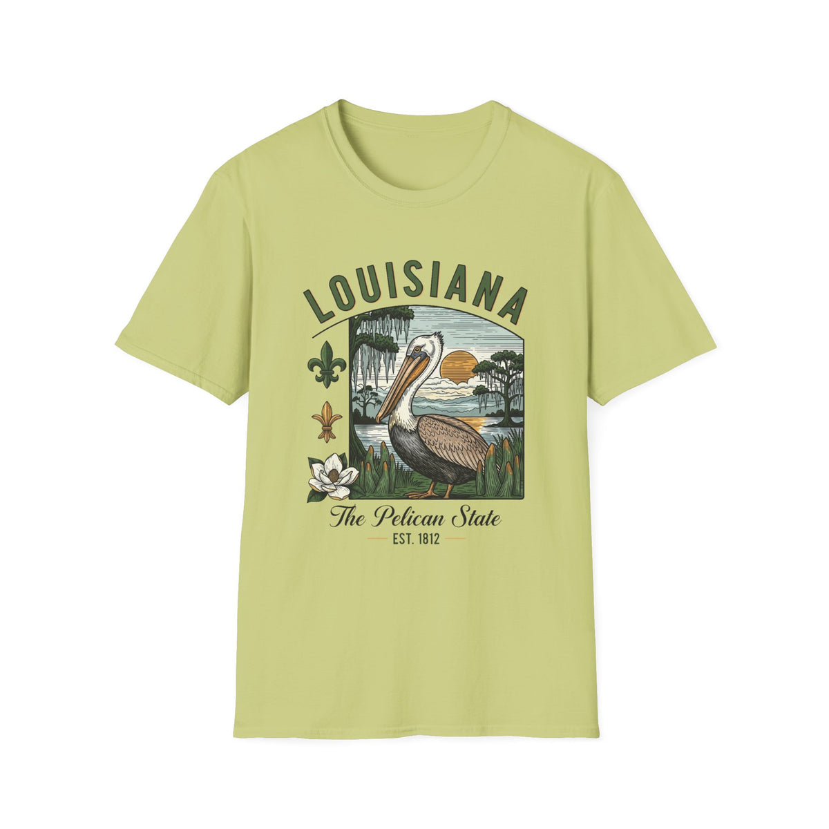 Louisiana Pelican State Graphic T-Shirt — Vintage Bayou Sunset Travel Tourist Graphic Design Unisex 100 Cotton Gildan T-Shirt