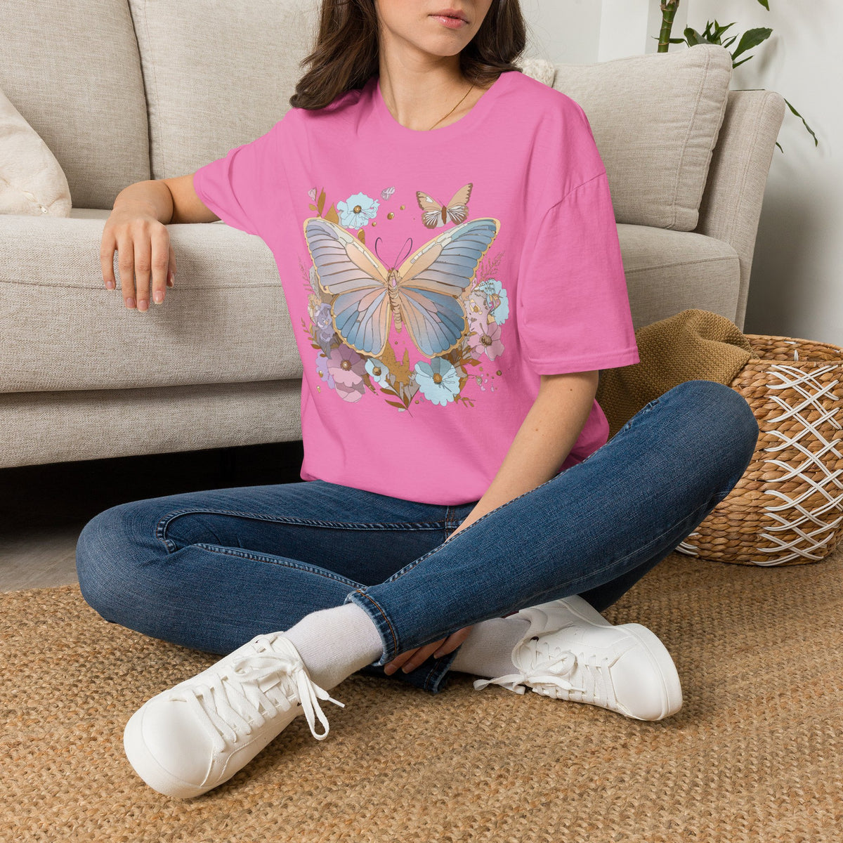 Butterfly Bloom T-Shirt — Pastel Floral Butterfly Graphic Design Unisex 100 Cotton Gildan T-Shirt